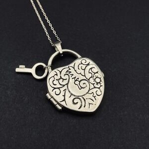 Large Sterling Silver Heart Locket with Key Charm Necklace Engraved Scrollwork